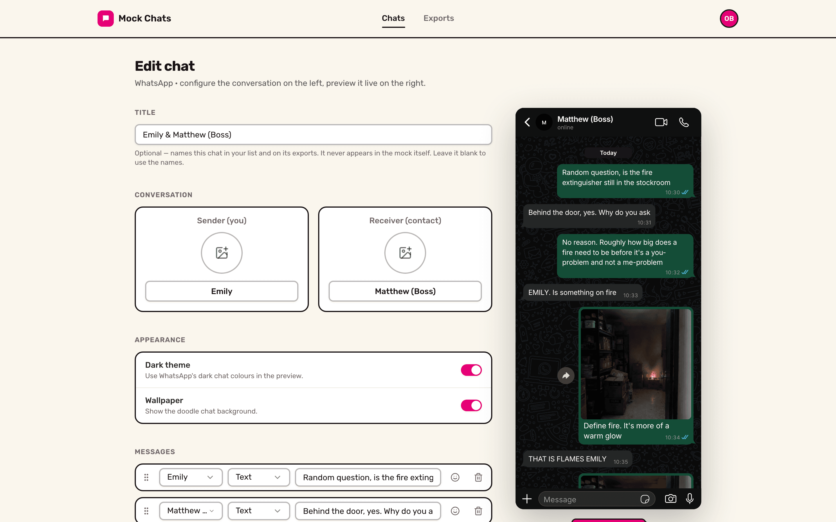 Mock Chats editor with message list and live phone preview