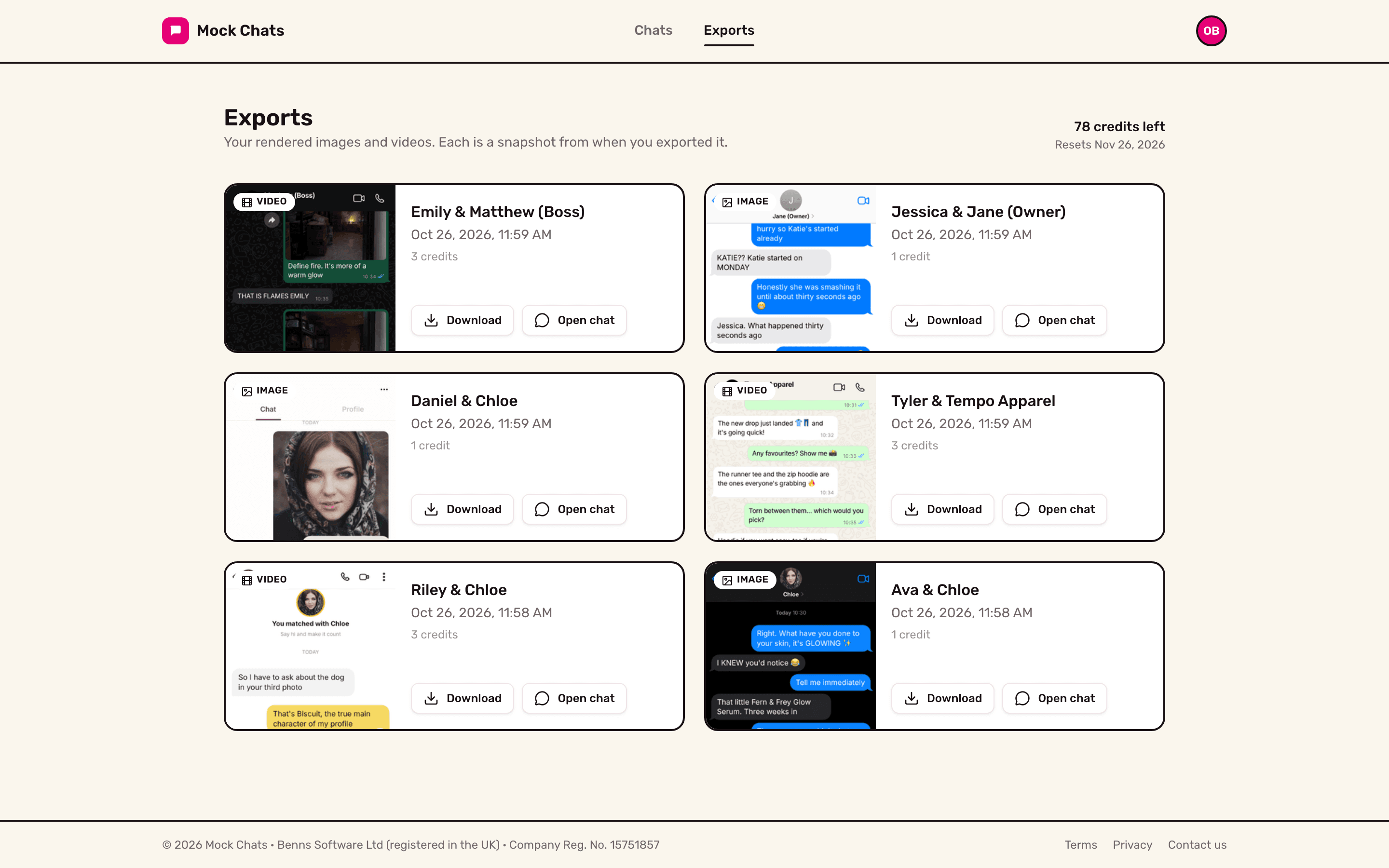 Mock Chats exports page with a rendered chat video