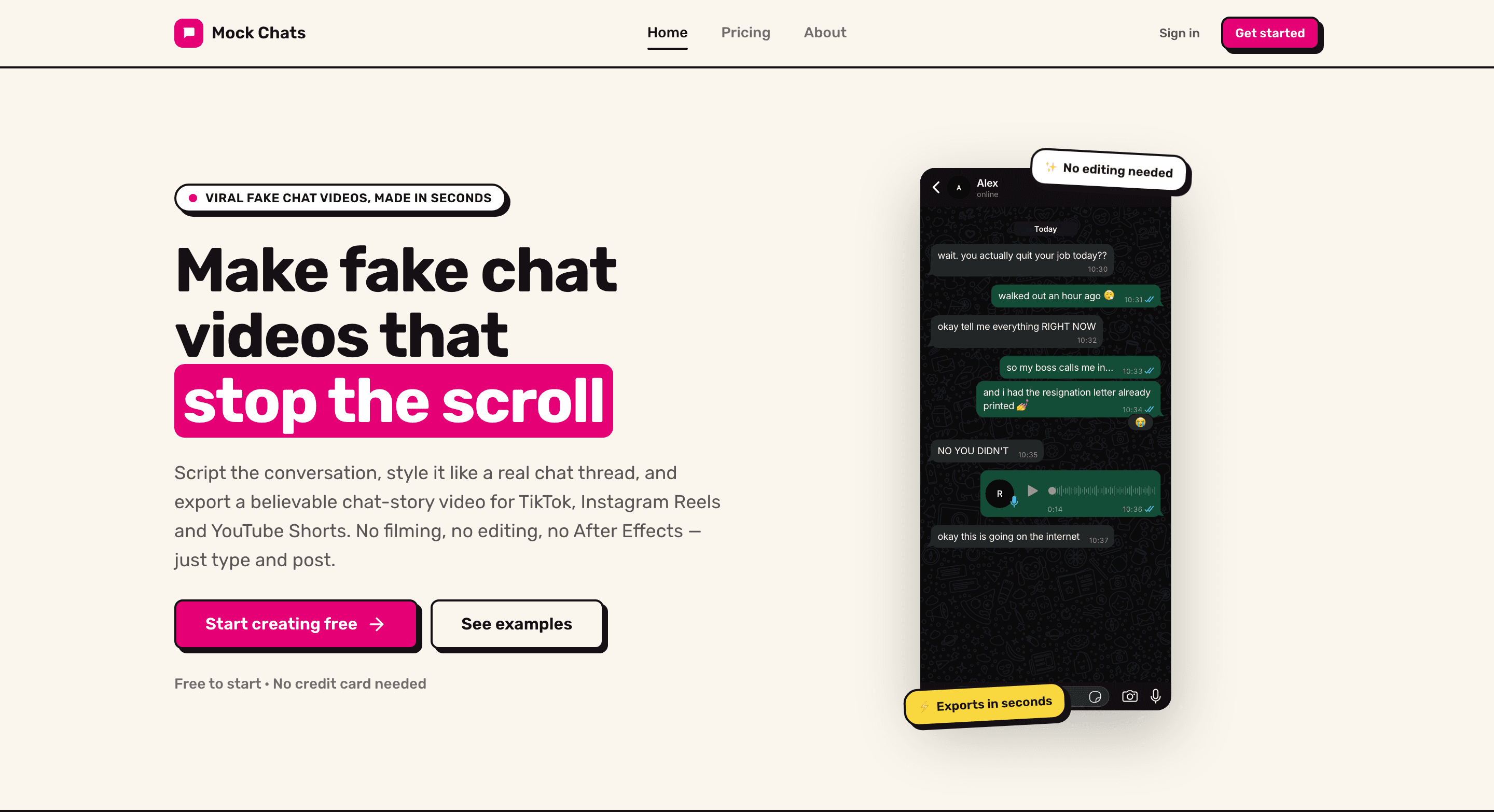 Mock Chats homepage with a chat video preview