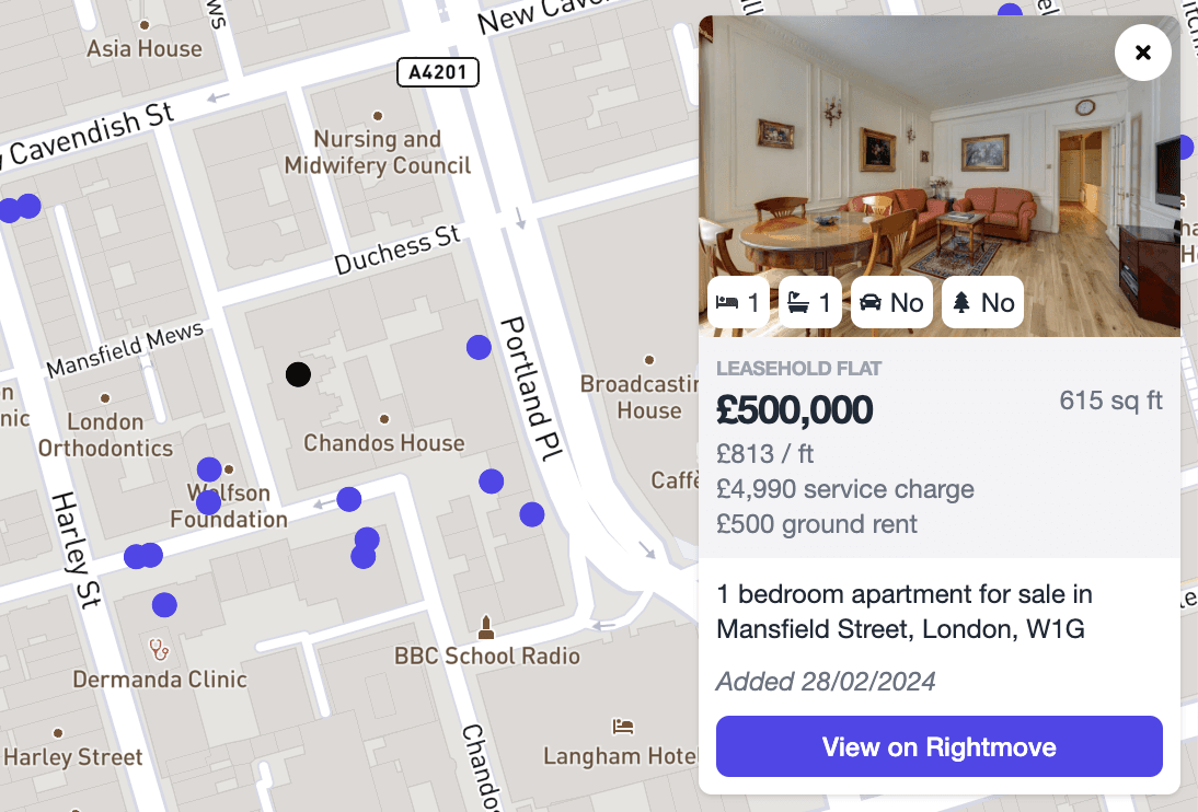 Selected property on Property Track website
