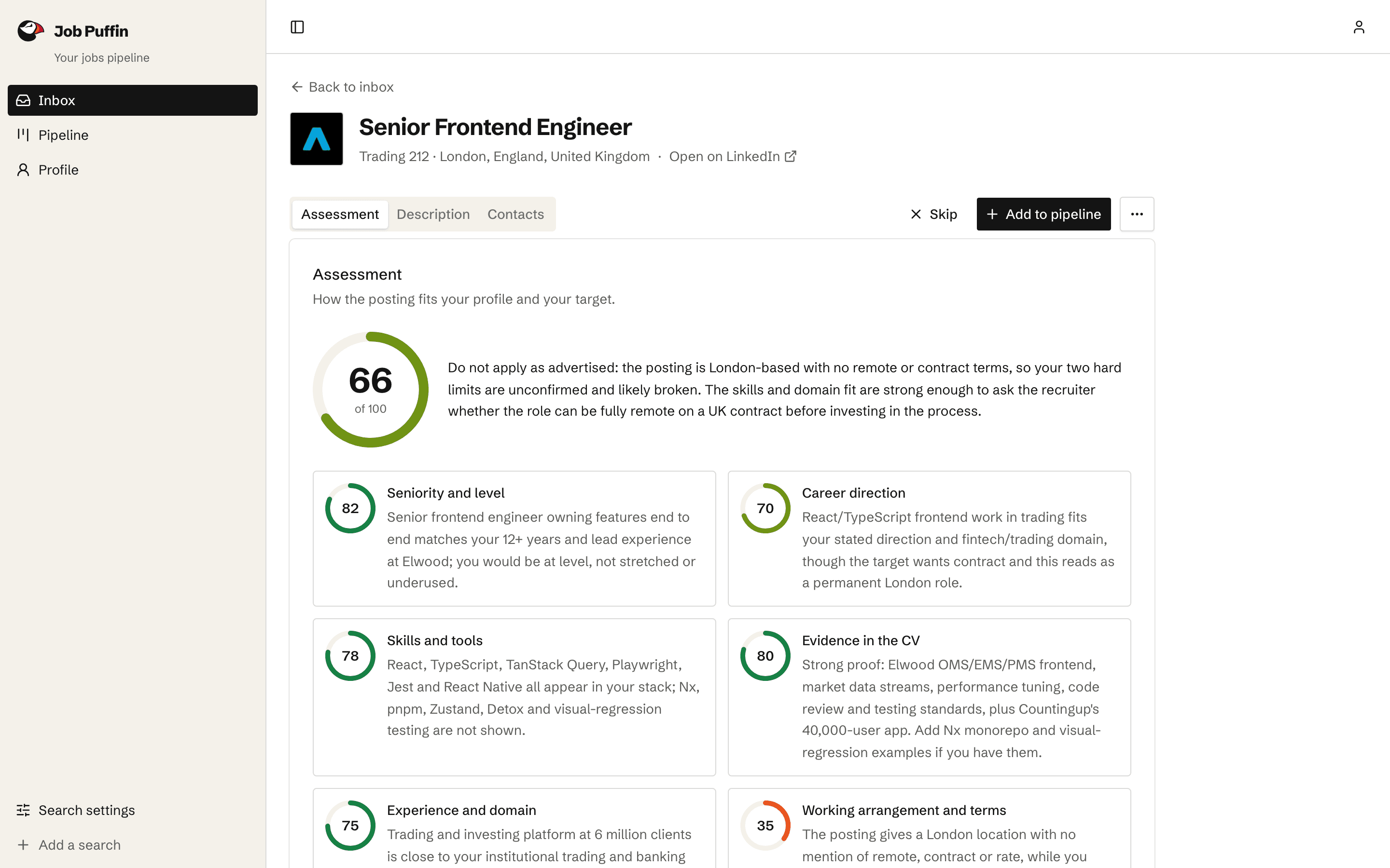 Job Puffin assessment with an overall score and scored criteria