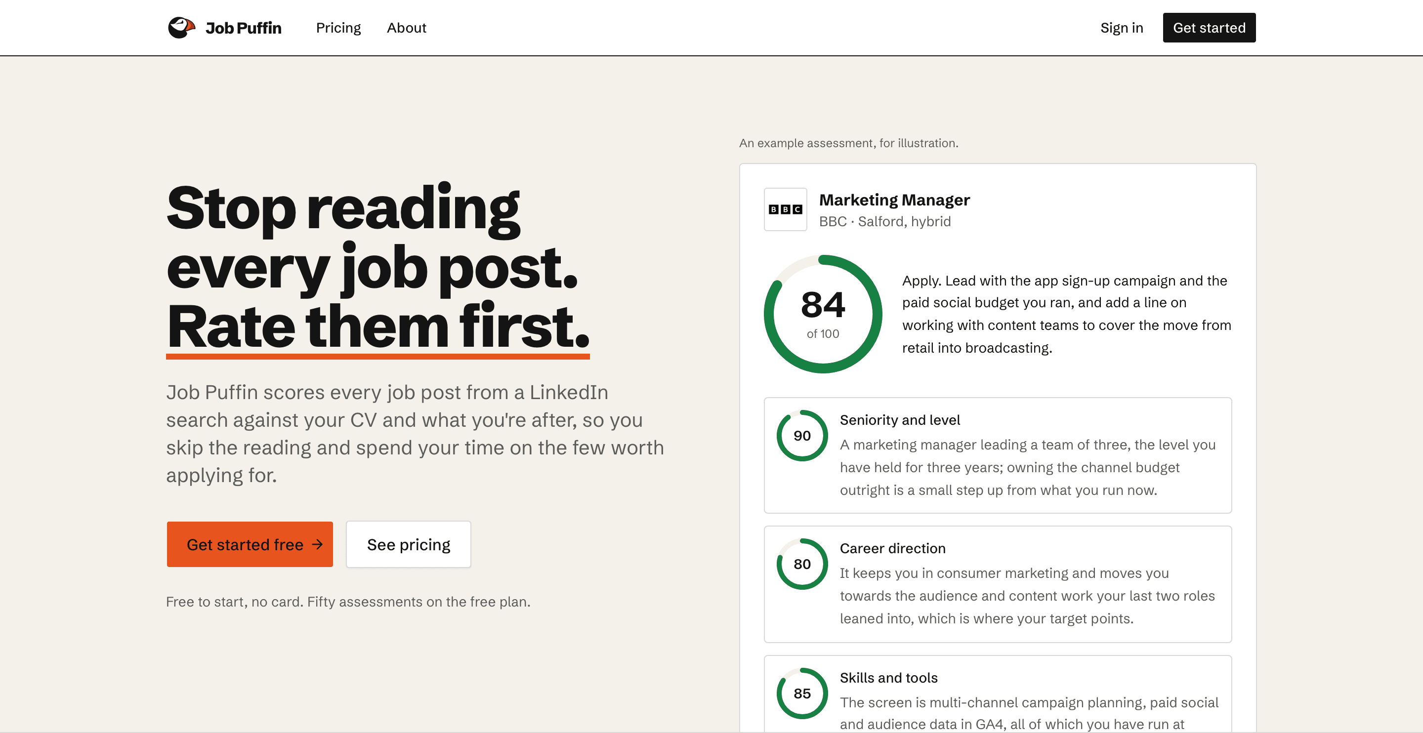 Job Puffin homepage with an example job assessment