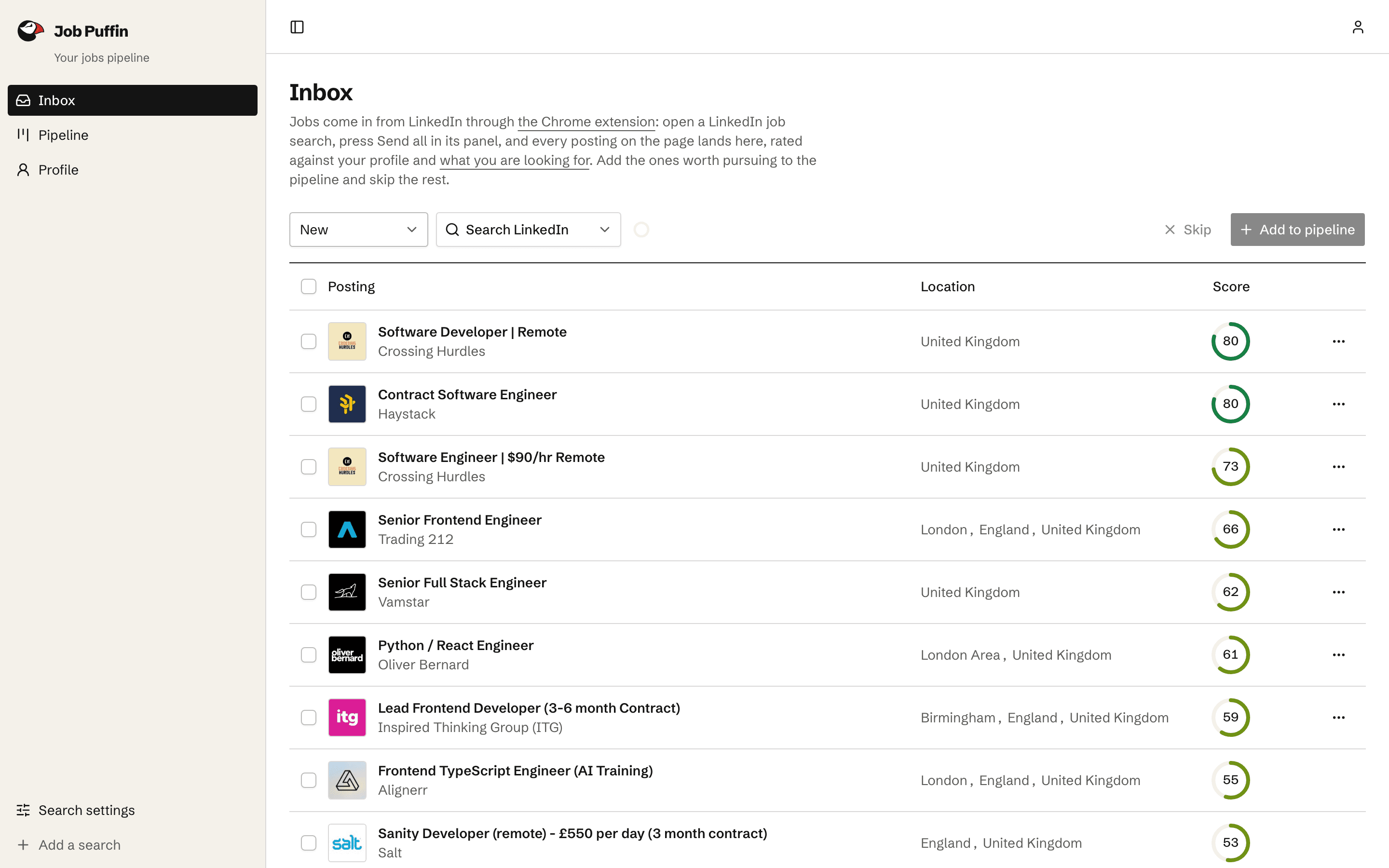 Job Puffin inbox with job postings ranked by score
