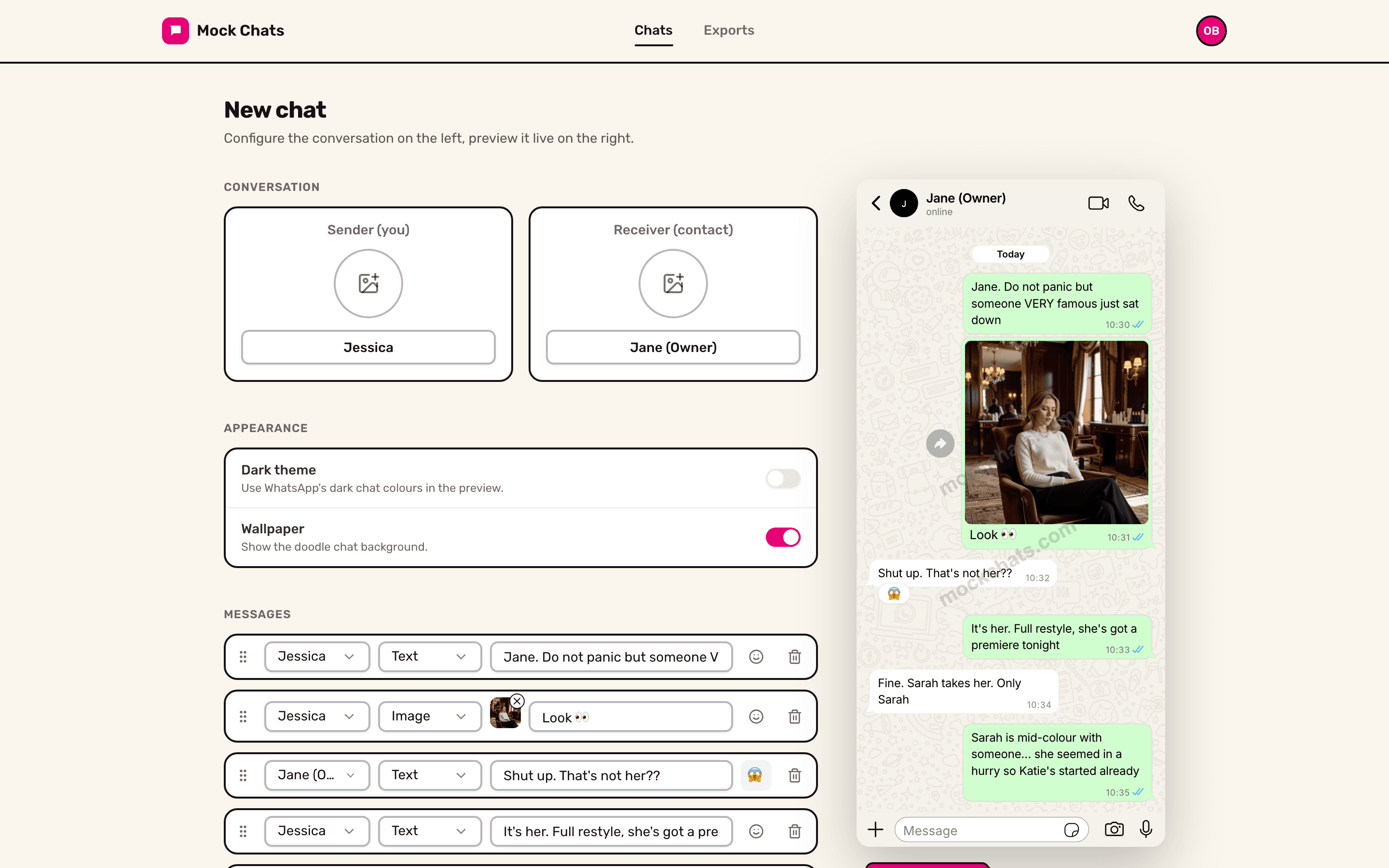 MockChats editor with message list and live phone preview