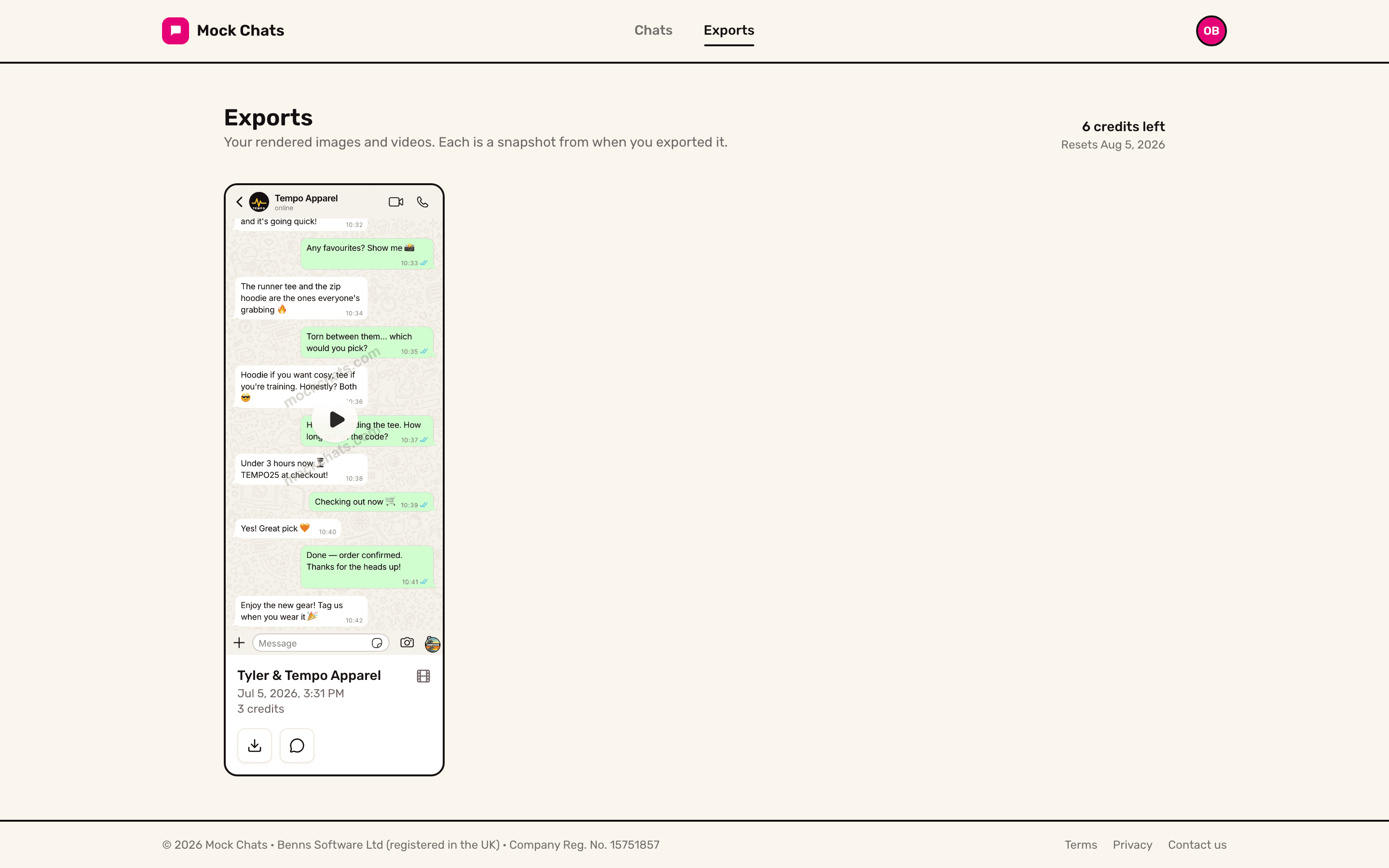 MockChats exports page with a rendered chat video