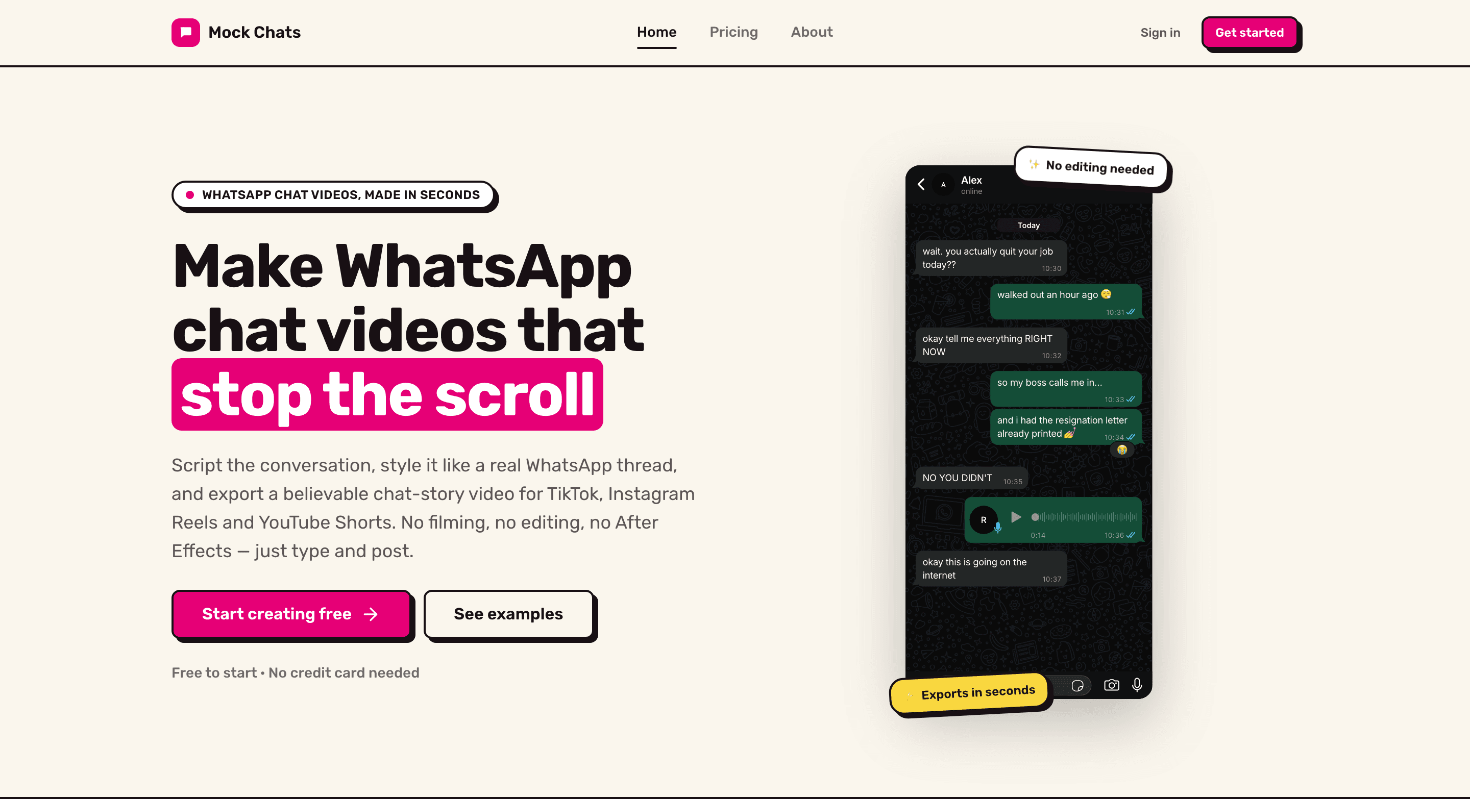 MockChats homepage with a chat video preview