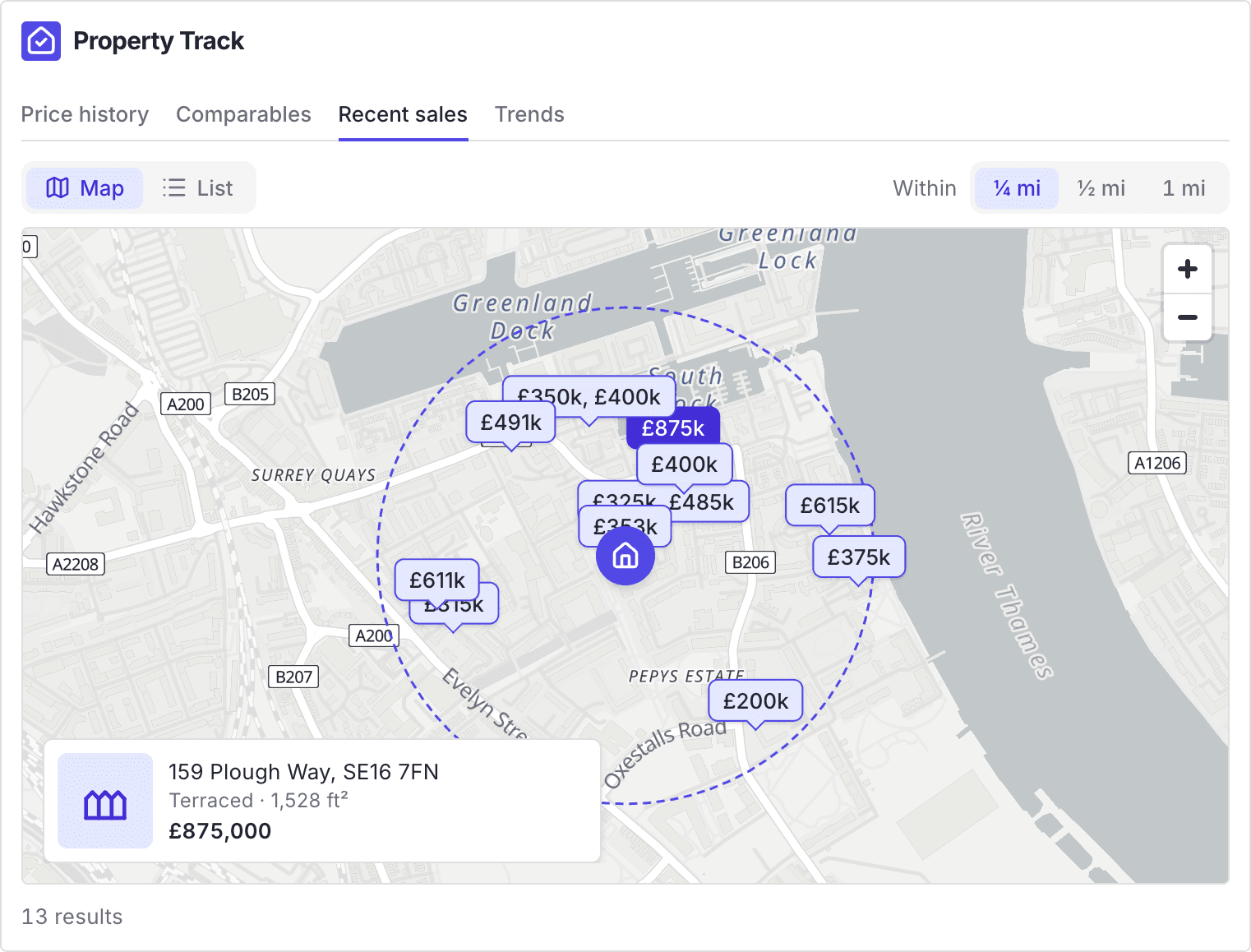 Recent sales tab on a Rightmove listing showing sold prices nearby on a map